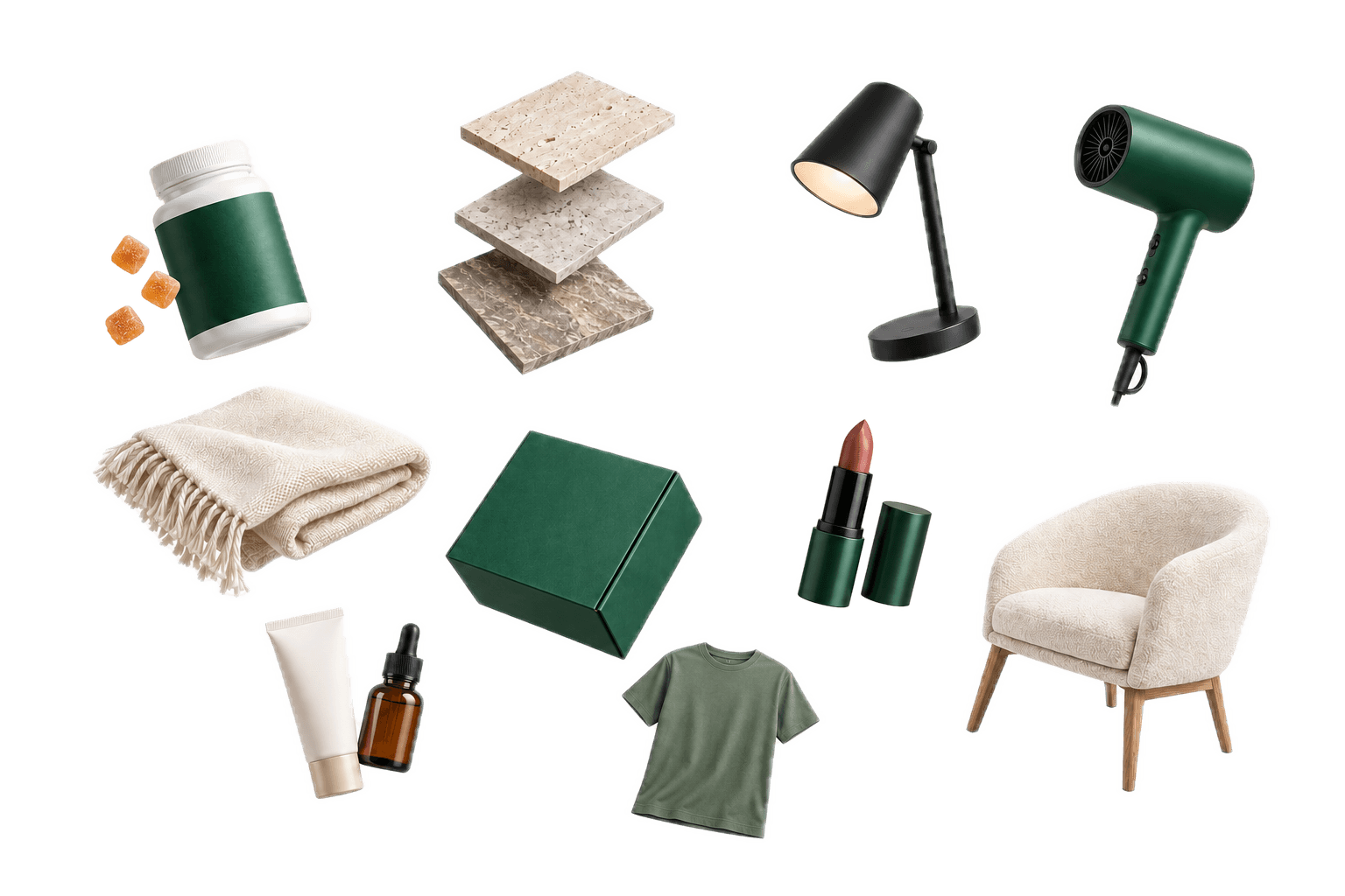 Beispiele aus unserem Sortiment: Supplements, Fliesen, Leuchte, Föhn, Decke, Verpackung, Kosmetik mit Pipette, T-Shirt und Sessel